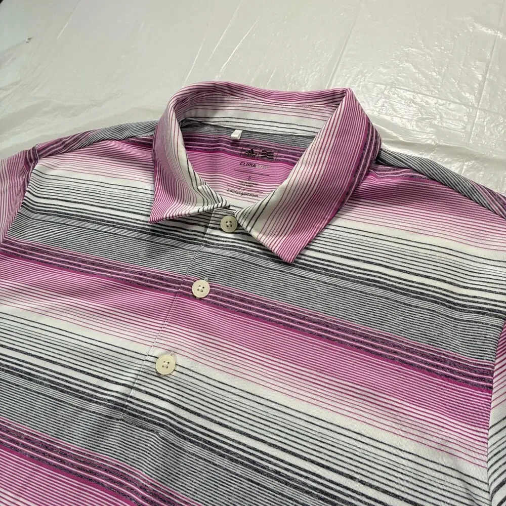 Adidas Climalite Golf Polo Shirt Men Small Pink Gray Stripes Short Sleeve